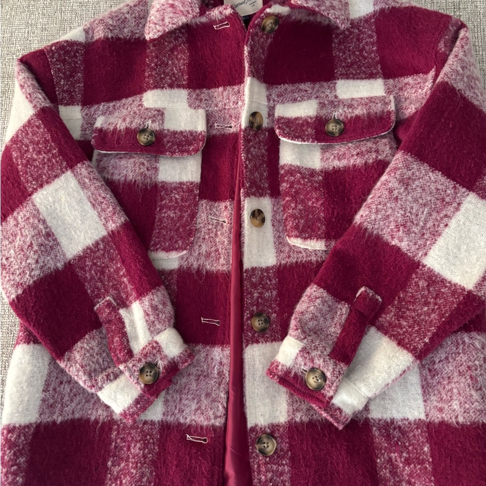 Oversized, lined Buffalo Check Jacket - purpleish maroon and white